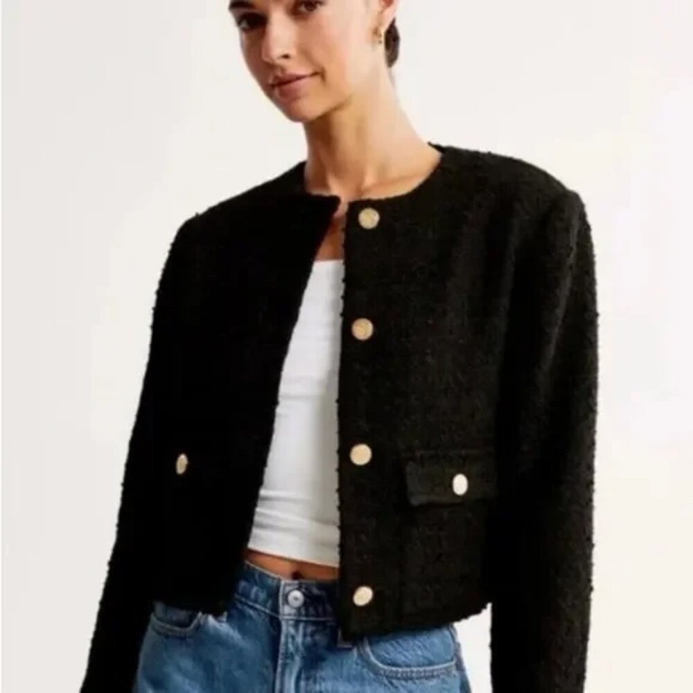 Abercrombie & Fitch Black Collarless Boucle Jacket
